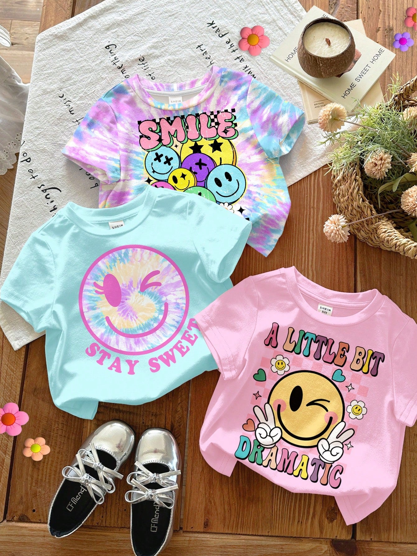 3pcs/Set Baby Girls' Casual Cute Graphic T-Shirts,Light Pink,Summer Graduation Crew Neck Short Sleeve Top,Face Series Bright Blue Tie-Dye Colorful Top