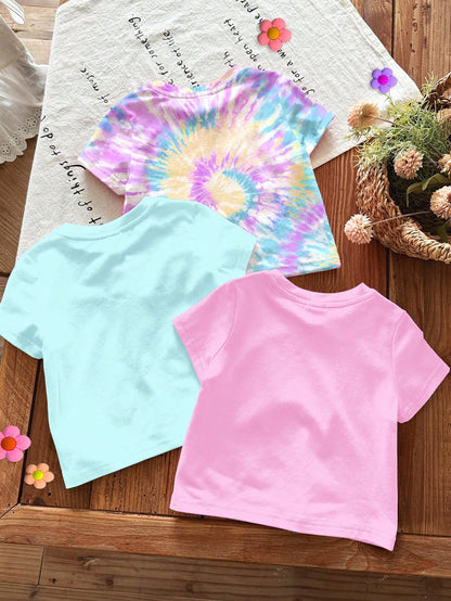 3pcs/Set Baby Girls' Casual Cute Graphic T-Shirts,Light Pink,Summer Graduation Crew Neck Short Sleeve Top,Face Series Bright Blue Tie-Dye Colorful Top
