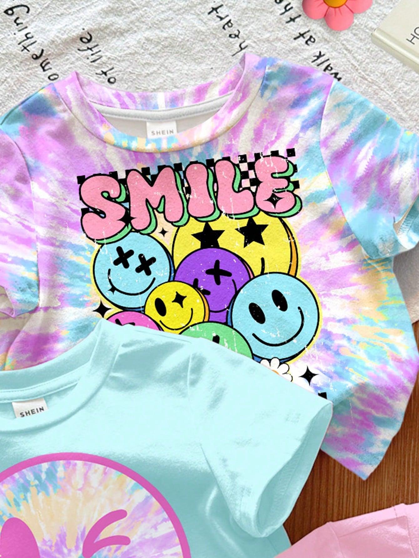 3pcs/Set Baby Girls' Casual Cute Graphic T-Shirts,Light Pink,Summer Graduation Crew Neck Short Sleeve Top,Face Series Bright Blue Tie-Dye Colorful Top