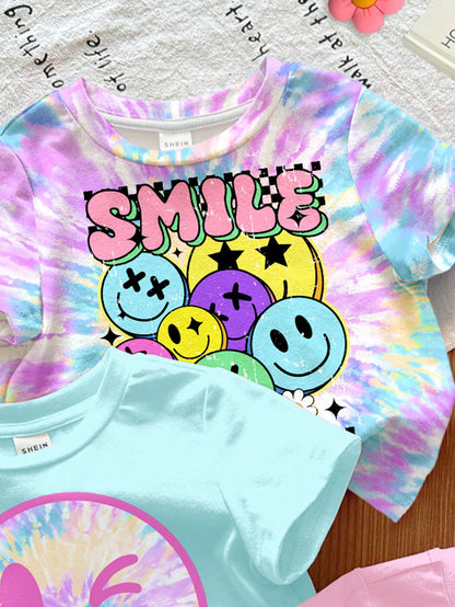 3pcs/Set Baby Girls' Casual Cute Graphic T-Shirts,Light Pink,Summer Graduation Crew Neck Short Sleeve Top,Face Series Bright Blue Tie-Dye Colorful Top