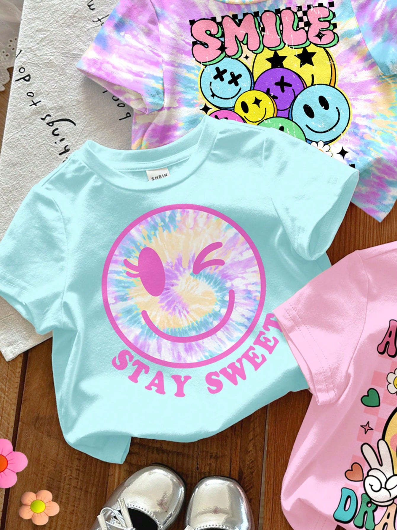3pcs/Set Baby Girls' Casual Cute Graphic T-Shirts,Light Pink,Summer Graduation Crew Neck Short Sleeve Top,Face Series Bright Blue Tie-Dye Colorful Top