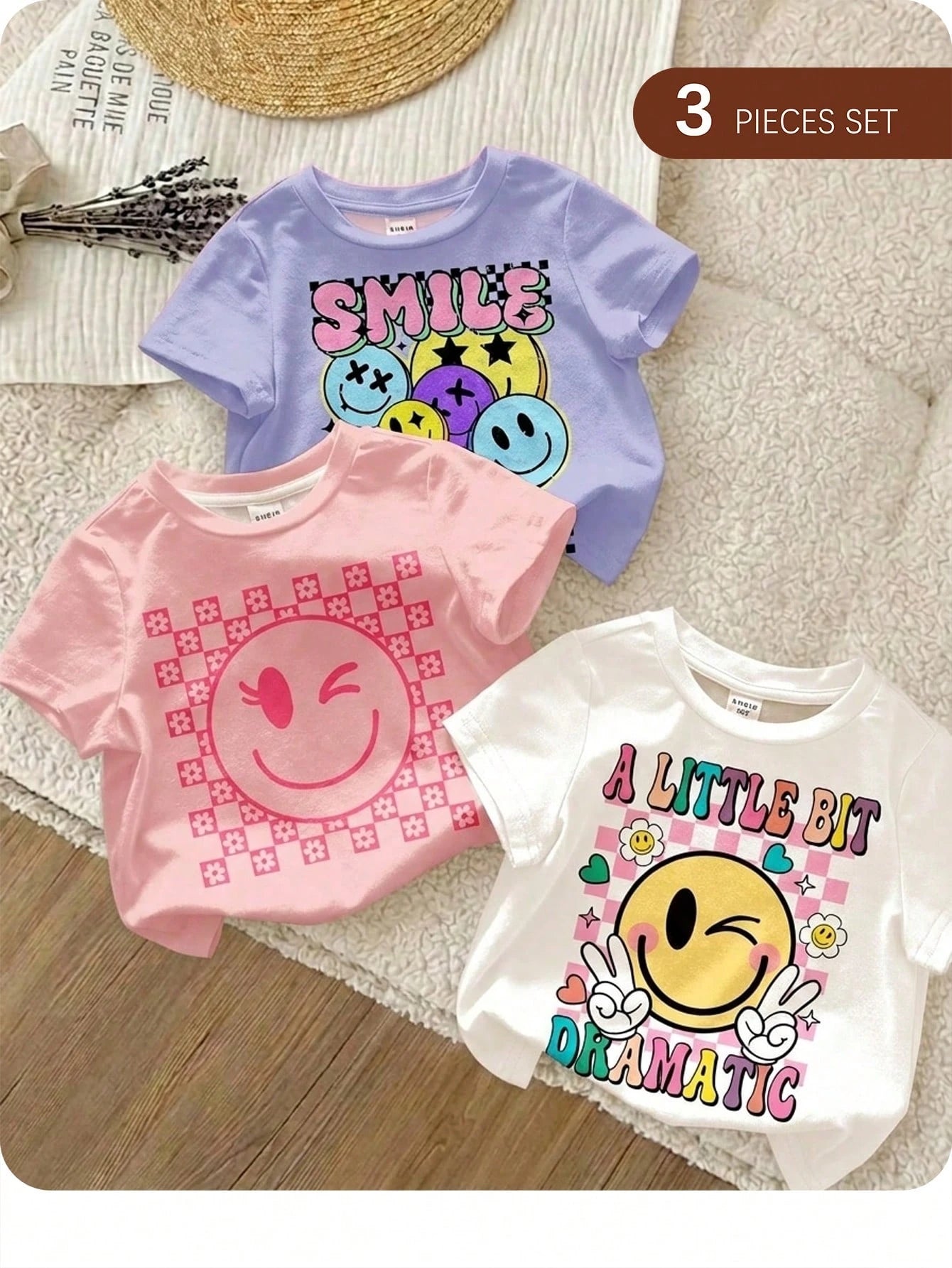 3pcs/Set Baby Girls' Casual Cute Graphic T-Shirts,Light Pink,Summer Graduation Crew Neck Short Sleeve Top,Face Series Bright Blue Tie-Dye Colorful Top