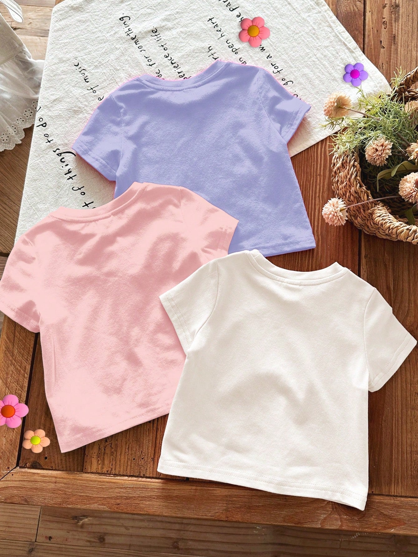 3pcs/Set Baby Girls' Casual Cute Graphic T-Shirts,Light Pink,Summer Graduation Crew Neck Short Sleeve Top,Face Series Bright Blue Tie-Dye Colorful Top