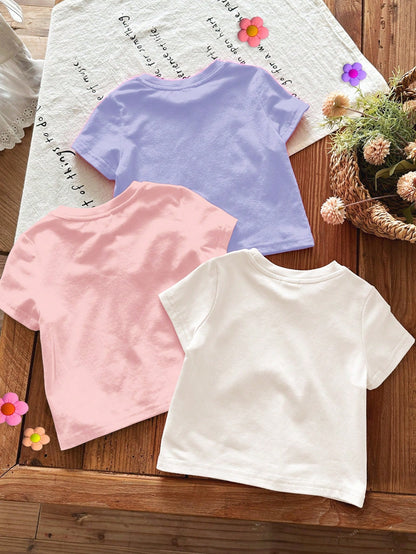 3pcs/Set Baby Girls' Casual Cute Graphic T-Shirts,Light Pink,Summer Graduation Crew Neck Short Sleeve Top,Face Series Bright Blue Tie-Dye Colorful Top
