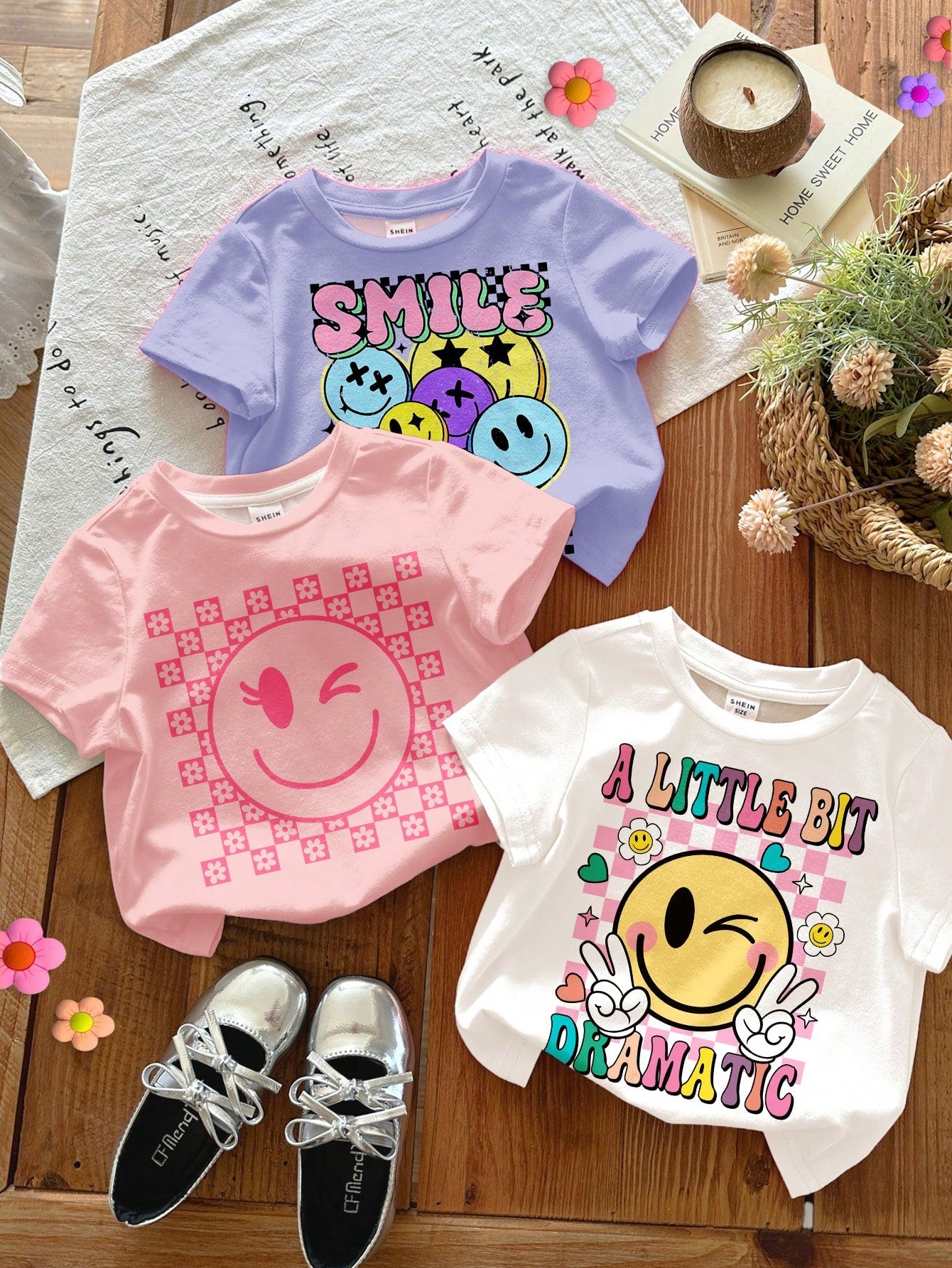 3pcs/Set Baby Girls' Casual Cute Graphic T-Shirts,Light Pink,Summer Graduation Crew Neck Short Sleeve Top,Face Series Bright Blue Tie-Dye Colorful Top