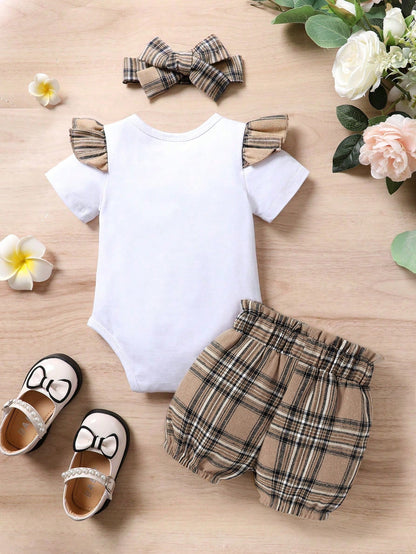 3pcs/Set Casual Sweet Elegant Cute Baby Girl Outfit Set, Soft & Comfortable, Cartoon Bear Embroidery Ruffled Romper And Plaid Sports Shorts With Headband