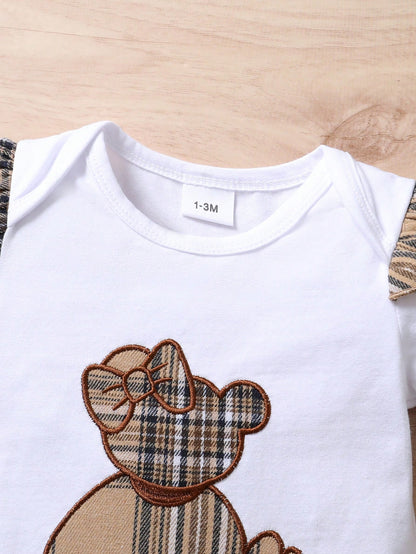 3pcs/Set Casual Sweet Elegant Cute Baby Girl Outfit Set, Soft & Comfortable, Cartoon Bear Embroidery Ruffled Romper And Plaid Sports Shorts With Headband