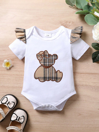 3pcs/Set Casual Sweet Elegant Cute Baby Girl Outfit Set, Soft & Comfortable, Cartoon Bear Embroidery Ruffled Romper And Plaid Sports Shorts With Headband