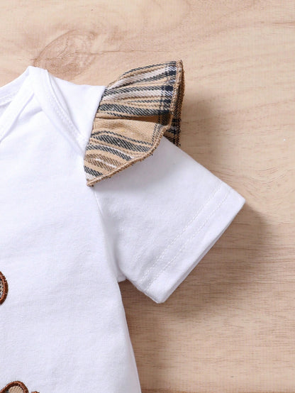 3pcs/Set Casual Sweet Elegant Cute Baby Girl Outfit Set, Soft & Comfortable, Cartoon Bear Embroidery Ruffled Romper And Plaid Sports Shorts With Headband