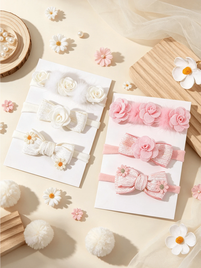 3pcs/Set Cute Baby Girl Headband With Pom Pom, Flower, Woven Ribbon, Bow, Suitable For Daily And Holiday Use (Card Not Included)