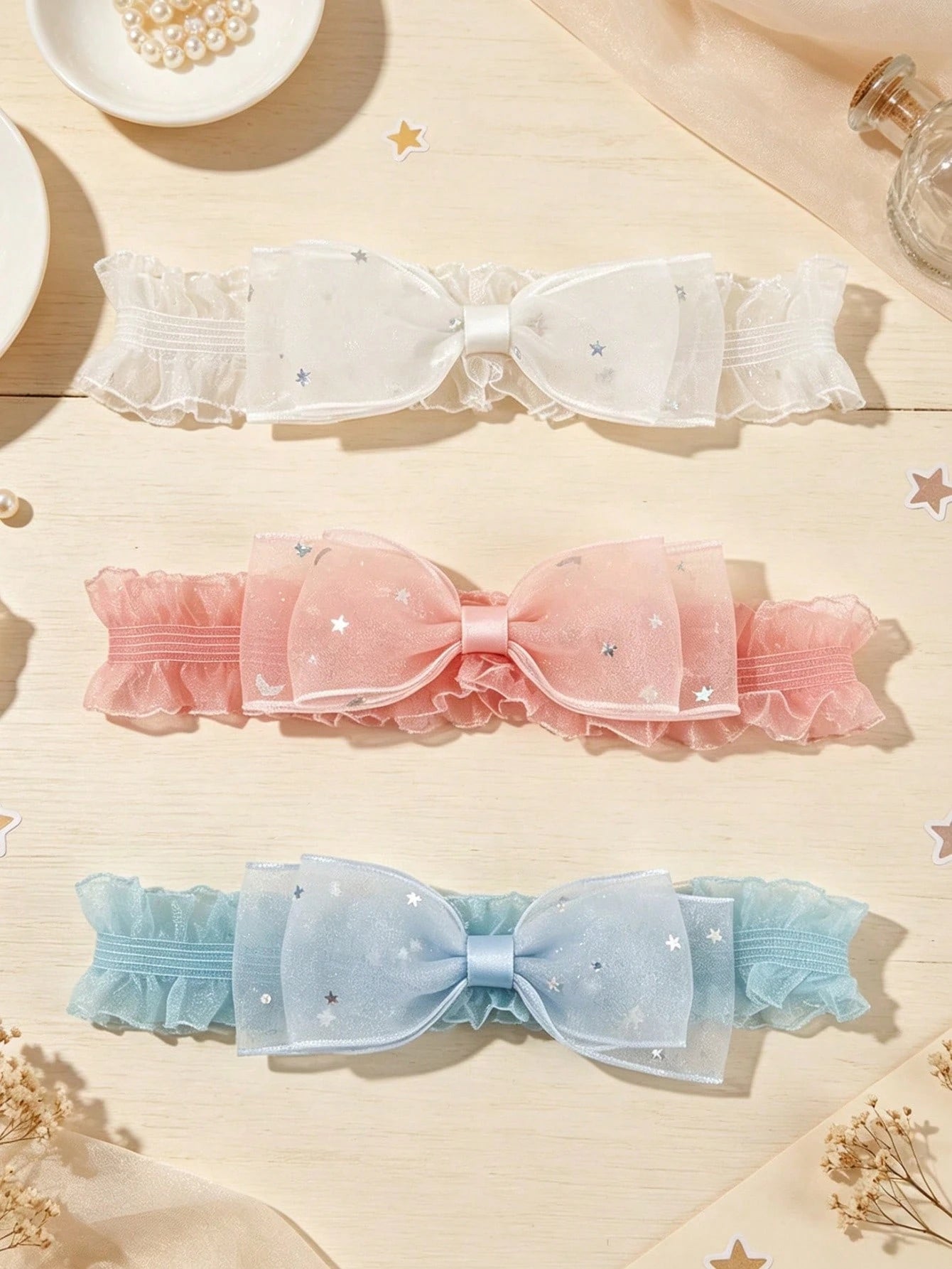 3pcs/Set European & American Baby Girl Hair Accessories, Lace Star Sequin Bow Soft Comfortable Elastic Nylon Headband