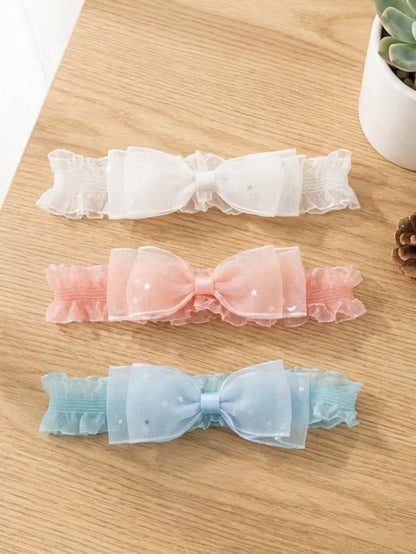 3pcs/Set European & American Baby Girl Hair Accessories, Lace Star Sequin Bow Soft Comfortable Elastic Nylon Headband