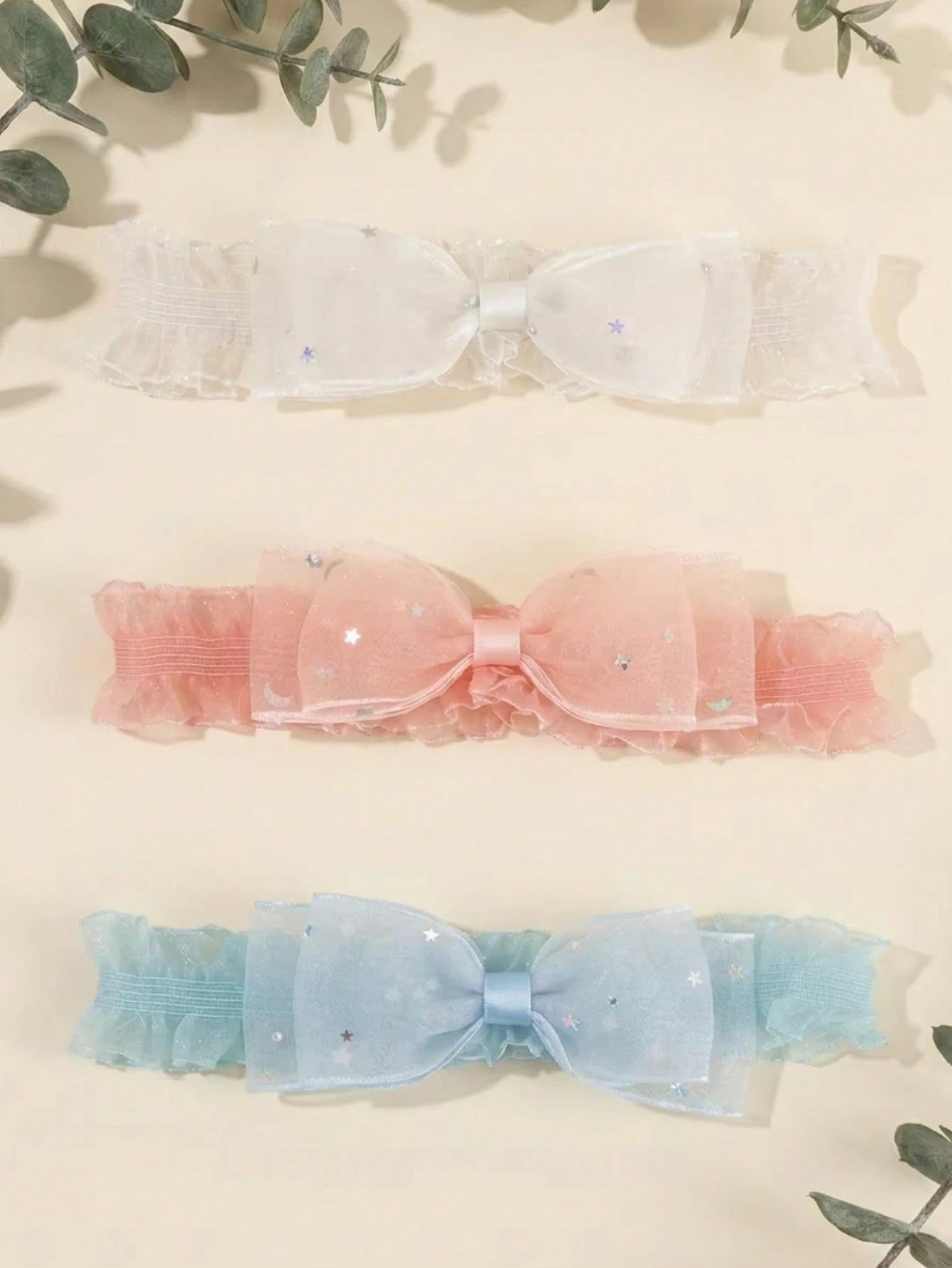 3pcs/Set European & American Baby Girl Hair Accessories, Lace Star Sequin Bow Soft Comfortable Elastic Nylon Headband