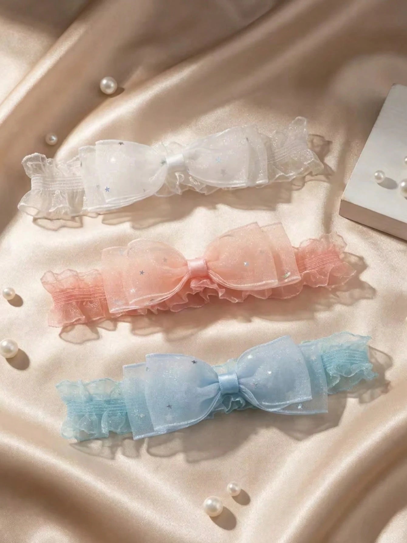 3pcs/Set European & American Baby Girl Hair Accessories, Lace Star Sequin Bow Soft Comfortable Elastic Nylon Headband