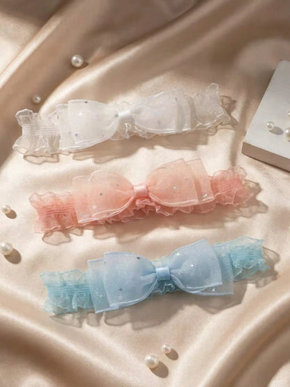 3pcs/Set European & American Baby Girl Hair Accessories, Lace Star Sequin Bow Soft Comfortable Elastic Nylon Headband