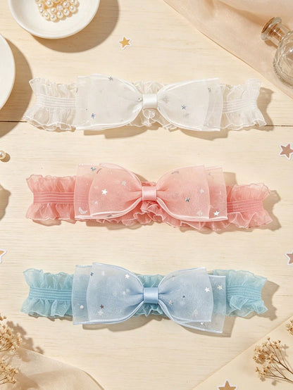 3pcs/Set European & American Baby Girl Hair Accessories, Lace Star Sequin Bow Soft Comfortable Elastic Nylon Headband