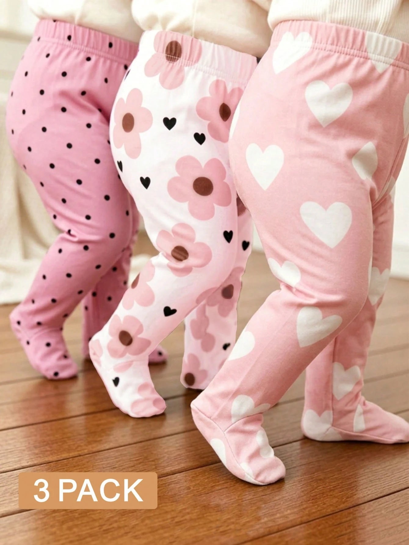 3pcs/Set Newborn Baby Girls' Cute Footie Pants, Solid Color + Floral + Mini Print, Spring/Autumn Infant Leg Warmers Bodysuit Outfit