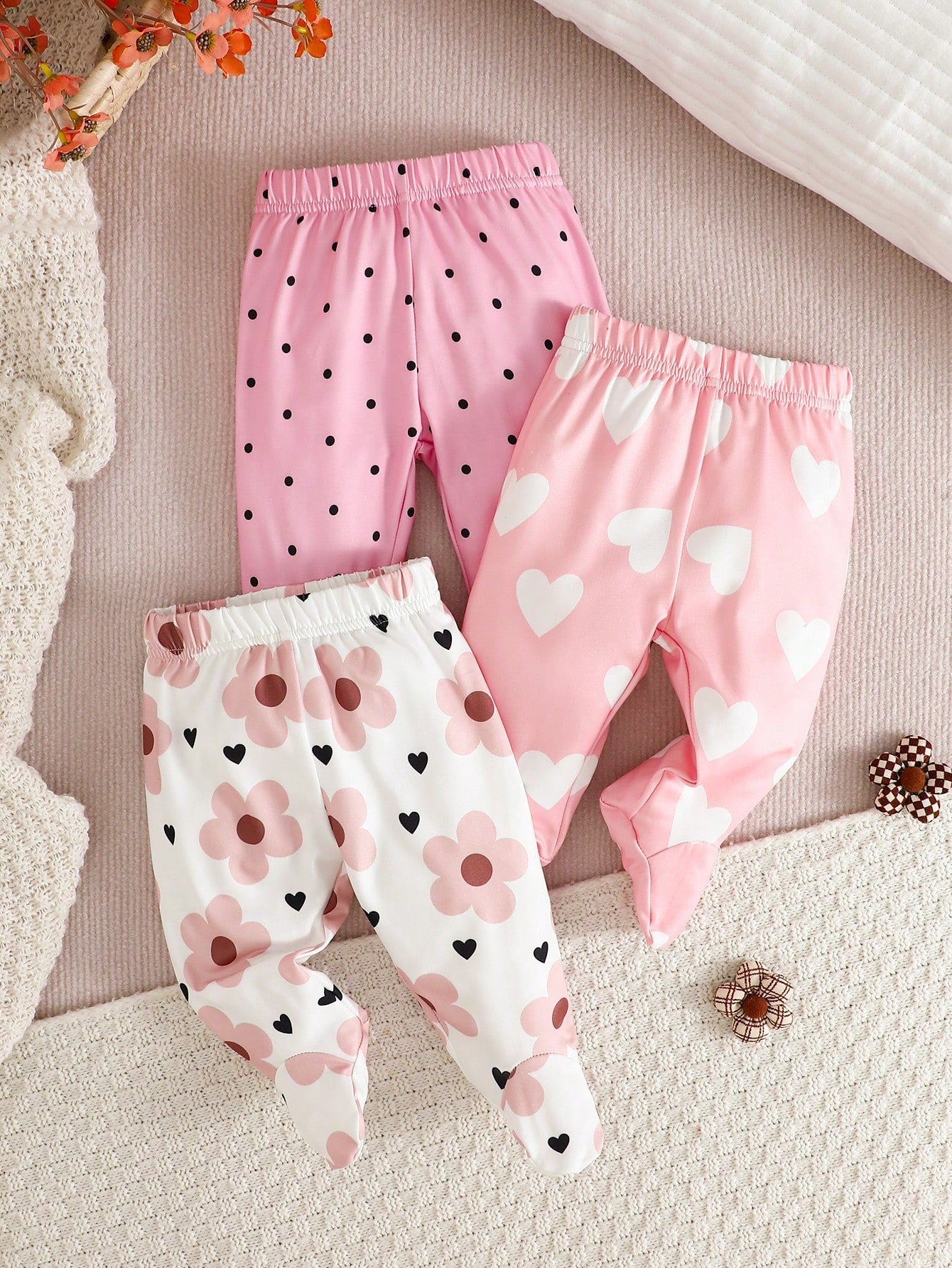 3pcs/Set Newborn Baby Girls' Cute Footie Pants, Solid Color + Floral + Mini Print, Spring/Autumn Infant Leg Warmers Bodysuit Outfit