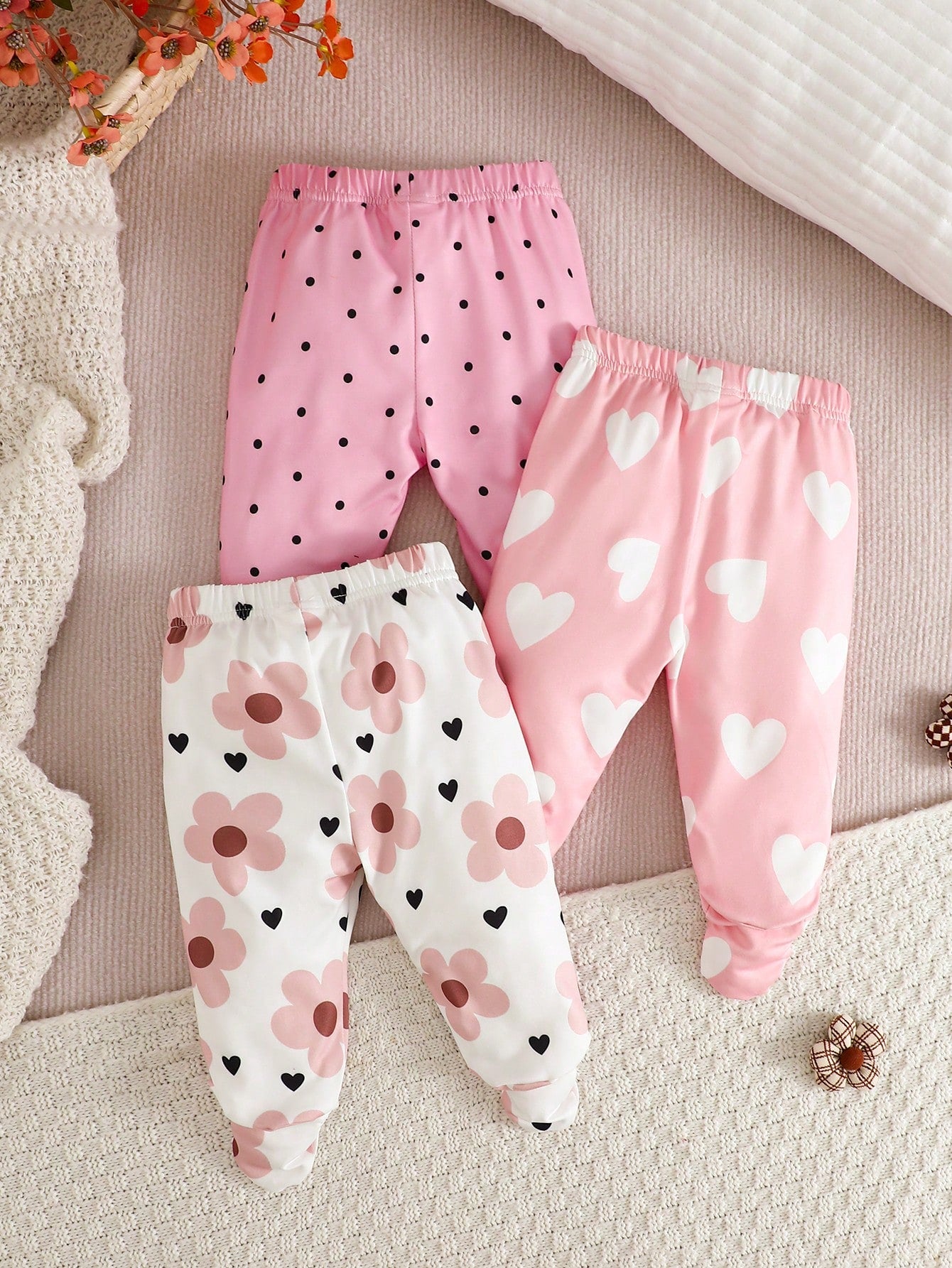 3pcs/Set Newborn Baby Girls' Cute Footie Pants, Solid Color + Floral + Mini Print, Spring/Autumn Infant Leg Warmers Bodysuit Outfit