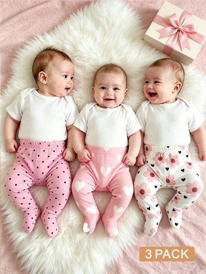 3pcs/Set Newborn Baby Girls' Cute Footie Pants, Solid Color + Floral + Mini Print, Spring/Autumn Infant Leg Warmers Bodysuit Outfit