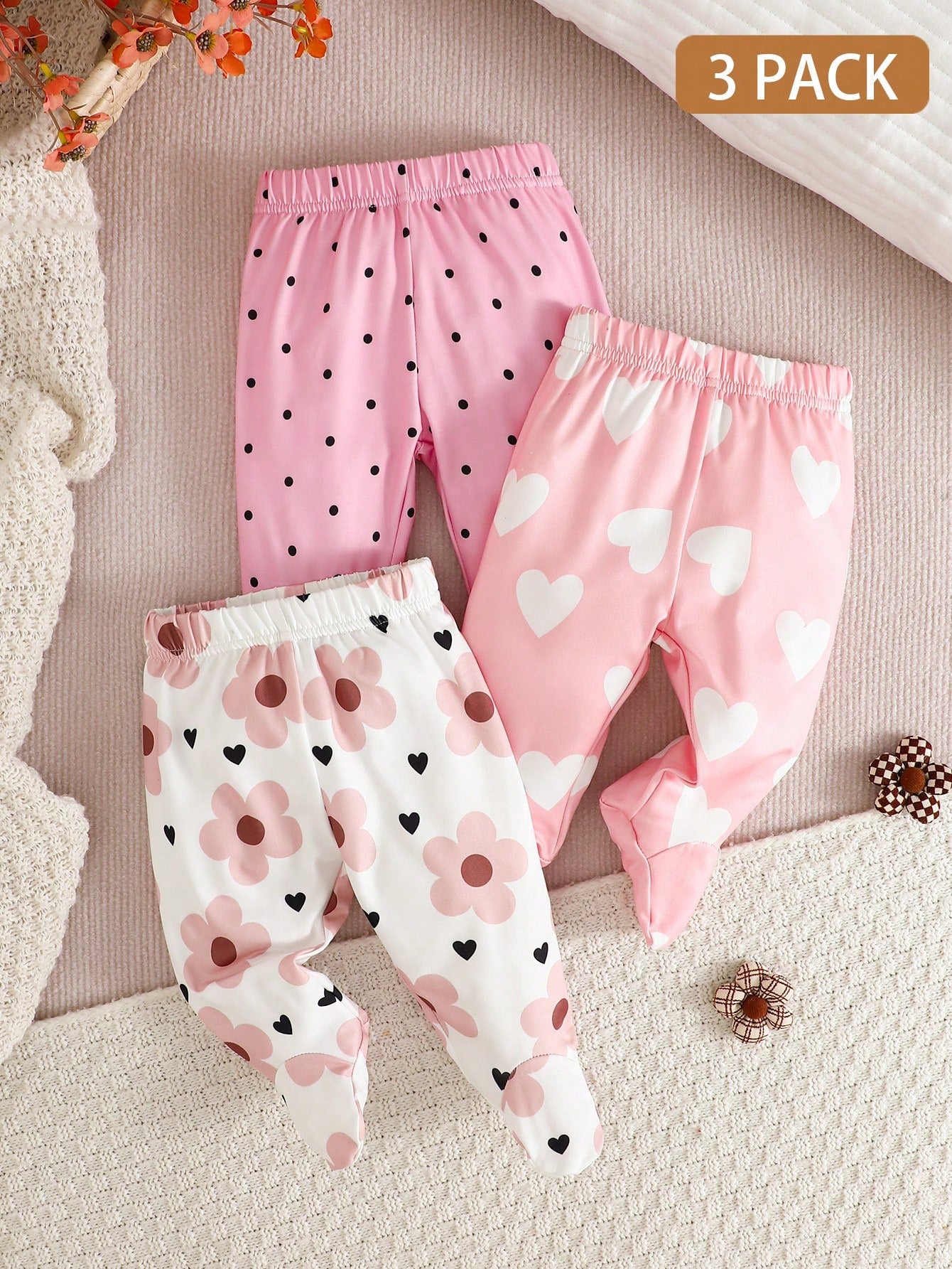 3pcs/Set Newborn Baby Girls' Cute Footie Pants, Solid Color + Floral + Mini Print, Spring/Autumn Infant Leg Warmers Bodysuit Outfit