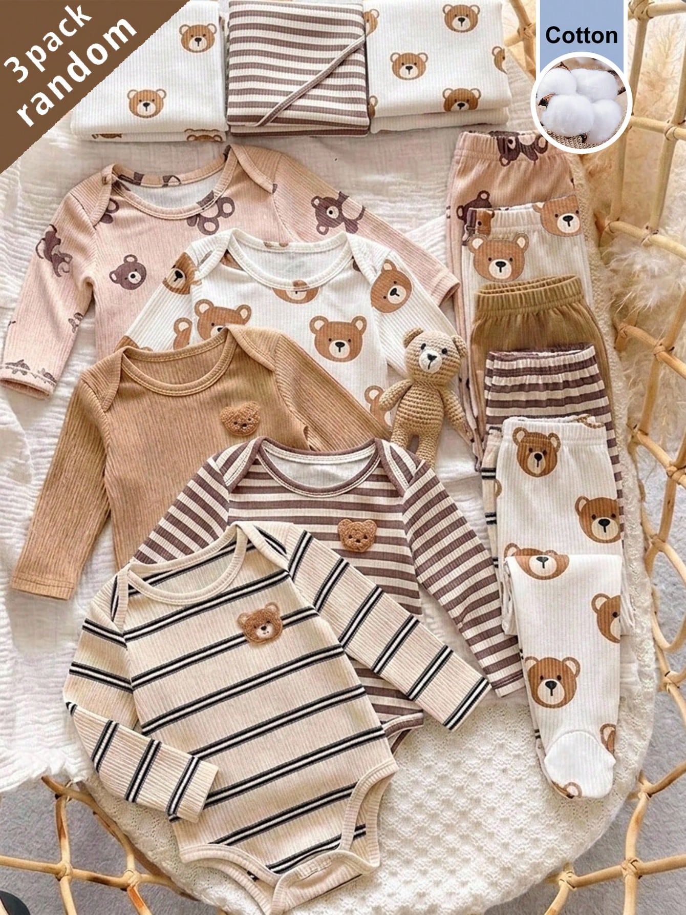 3pcs/Set Newborn Baby Soft Comfortable White Textured Fabric Cute Bear Print Long Sleeve Romper + Footed Pants + Baby Swaddle Blanket, Autumn/Winter/All Season Home Wear
