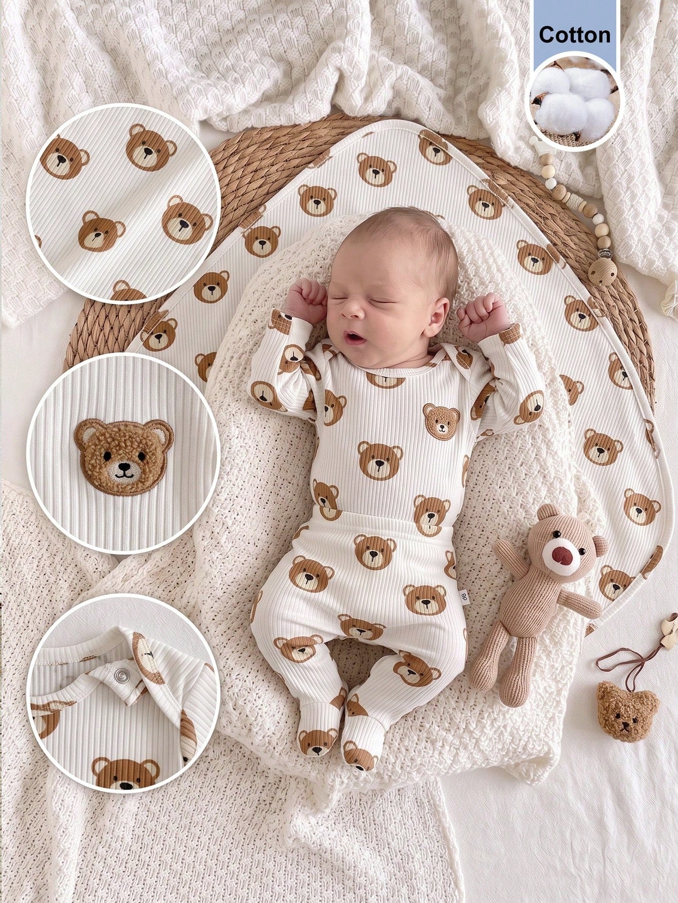 3pcs/Set Newborn Baby Soft Comfortable White Textured Fabric Cute Bear Print Long Sleeve Romper + Footed Pants + Baby Swaddle Blanket, Autumn/Winter/All Season Home Wear