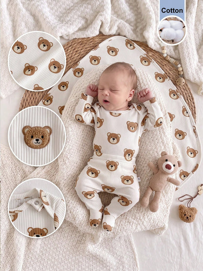 3pcs/Set Newborn Baby Soft Comfortable White Textured Fabric Cute Bear Print Long Sleeve Romper + Footed Pants + Baby Swaddle Blanket, Autumn/Winter/All Season Home Wear
