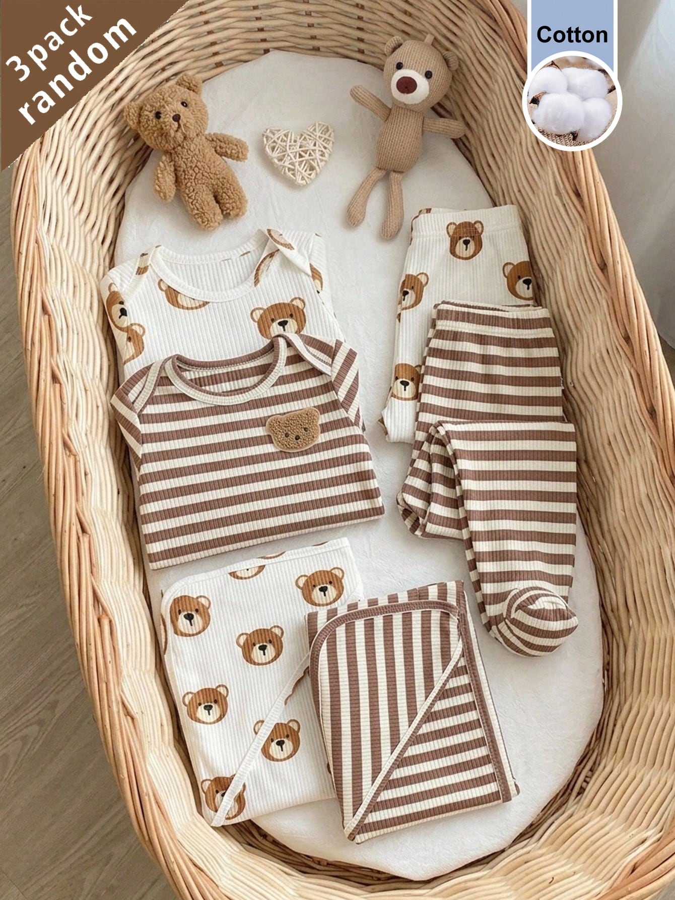 3pcs/Set Newborn Baby Soft Comfortable White Textured Fabric Cute Bear Print Long Sleeve Romper + Footed Pants + Baby Swaddle Blanket, Autumn/Winter/All Season Home Wear