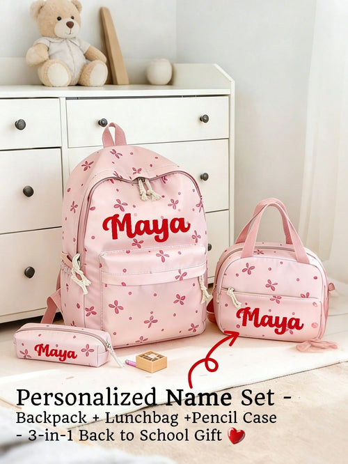 3pcs/Set Personalized Kids Backpack Set, Includes Lunch Bag & Pencil Case, Cute Bow/Clover Pattern, Waterproof Backpack For Girls, Back To School/Birthday/Graduation Gift, Gradient Print, Fits 15.6 In