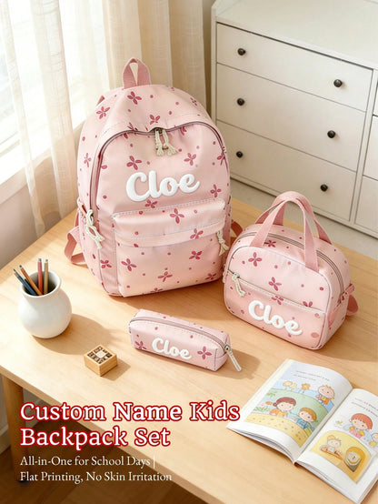 3pcs/Set Personalized Kids Backpack Set, Includes Lunch Bag & Pencil Case, Cute Bow/Clover Pattern, Waterproof Backpack For Girls, Back To School/Birthday/Graduation Gift, Gradient Print, Fits 15.6 In