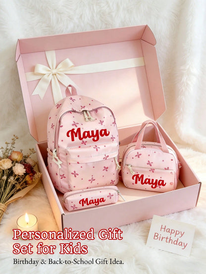 3pcs/Set Personalized Kids Backpack Set, Includes Lunch Bag & Pencil Case, Cute Bow/Clover Pattern, Waterproof Backpack For Girls, Back To School/Birthday/Graduation Gift, Gradient Print, Fits 15.6 In