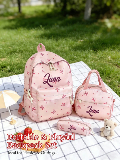 3pcs/Set Personalized Kids Backpack Set, Includes Lunch Bag & Pencil Case, Cute Bow/Clover Pattern, Waterproof Backpack For Girls, Back To School/Birthday/Graduation Gift, Gradient Print, Fits 15.6 In