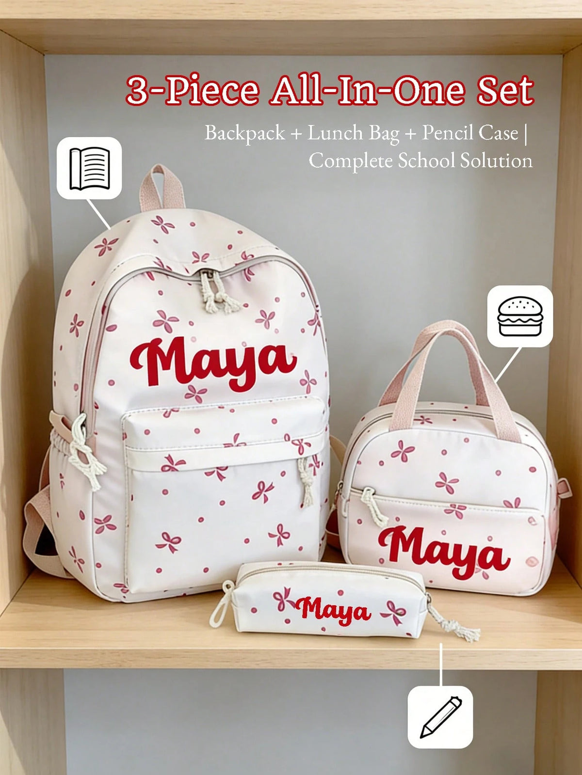 3pcs/Set Personalized Kids Backpack Set, Includes Lunch Bag & Pencil Case, Cute Bow/Clover Pattern, Waterproof Backpack For Girls, Back To School/Birthday/Graduation Gift, Gradient Print, Fits 15.6 In