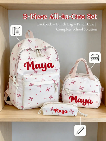 3pcs/Set Personalized Kids Backpack Set, Includes Lunch Bag & Pencil Case, Cute Bow/Clover Pattern, Waterproof Backpack For Girls, Back To School/Birthday/Graduation Gift, Gradient Print, Fits 15.6 In