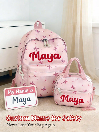 3pcs/Set Personalized Kids Backpack Set, Includes Lunch Bag & Pencil Case, Cute Bow/Clover Pattern, Waterproof Backpack For Girls, Back To School/Birthday/Graduation Gift, Gradient Print, Fits 15.6 In
