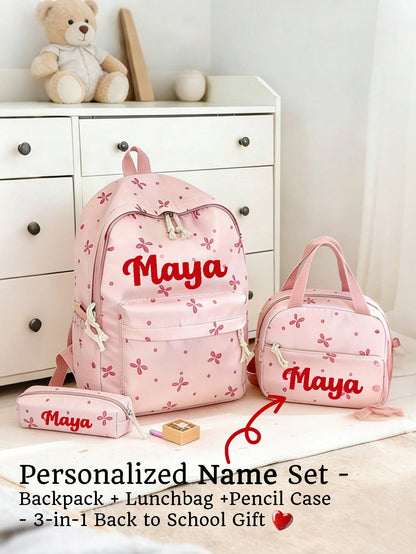 3pcs/Set Personalized Kids Backpack Set, Includes Lunch Bag & Pencil Case, Cute Bow/Clover Pattern, Waterproof Backpack For Girls, Back To School/Birthday/Graduation Gift, Gradient Print, Fits 15.6 In