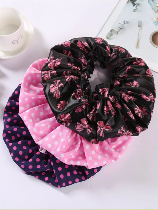3pcs/Set Waterproof Double Layer Polka Dot Butterfly Shower Cap, Fashion Printed Bathing Cap