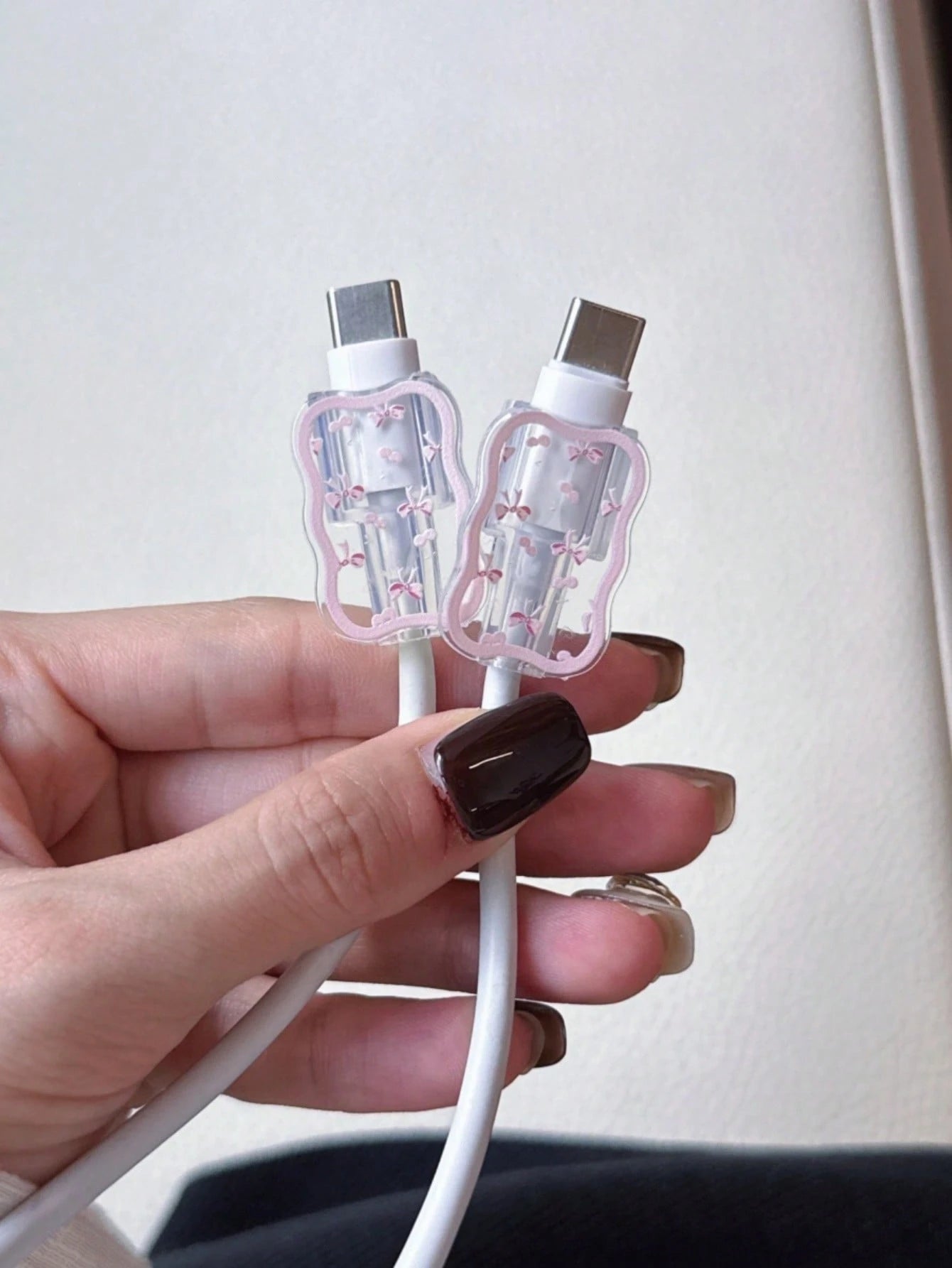3pcs/Set Wave Pattern Charger Cable Protector Case, UV Painted Pink Bow & Cherry Design, Suitable For 20W UK Apple Fast Charger, Prevent Cable Damage