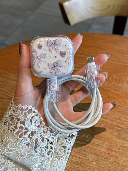 3pcs/Set Wave Pattern Charger Cable Protector Case, UV Painted Pink Bow & Cherry Design, Suitable For 20W UK Apple Fast Charger, Prevent Cable Damage