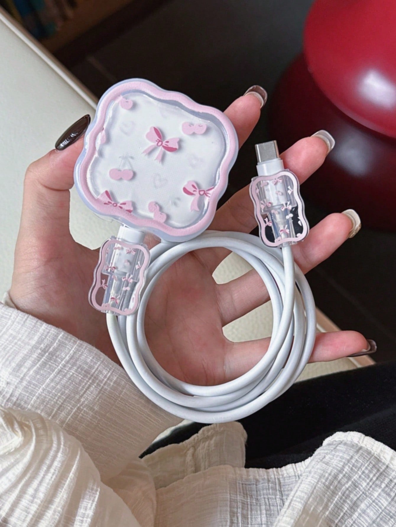 3pcs/Set Wave Pattern Charger Cable Protector Case, UV Painted Pink Bow & Cherry Design, Suitable For 20W UK Apple Fast Charger, Prevent Cable Damage