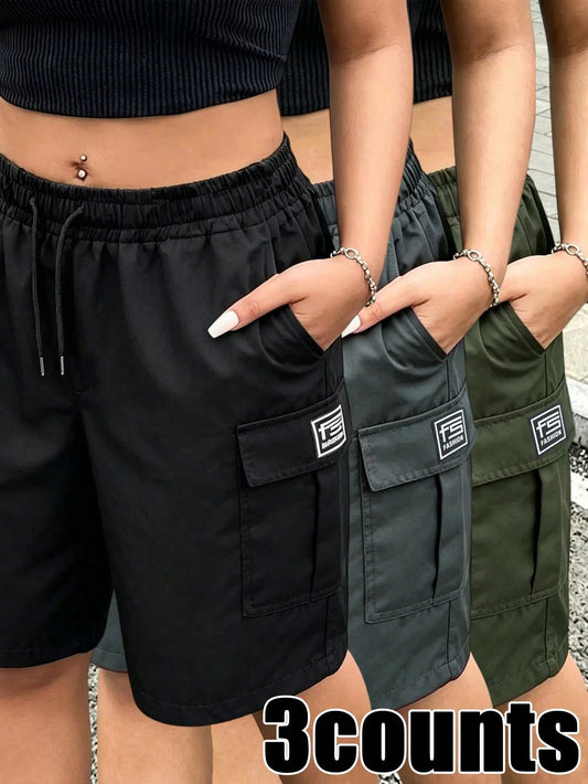 3pcs/Set Women's Cargo Shorts, Side Pocket Patch Design, Loose Fit, Women's Shorts, Summer Elastic Waist Dual Side Pocket Drawstring Pants For Women, Suitable For Outdoor Sports And Daily Wear, Perfec