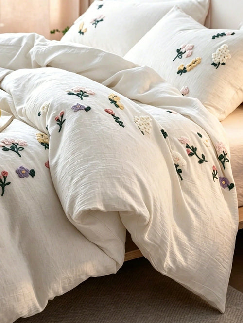 3pcs Soft & Comfortable Natural Washed Crinkle Texture Bedding Set (1*Duvet Cover + 2*Pillowcases, Excluding Filler), Floral Botanical Countryside Style, Suitable For Bedroom, Guest Room, Boys & Girls