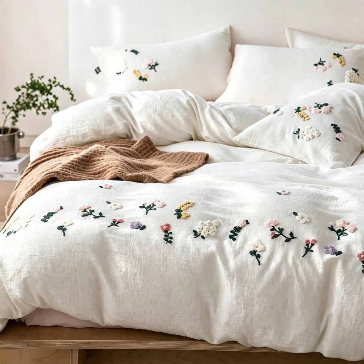 3pcs Soft & Comfortable Natural Washed Crinkle Texture Bedding Set (1*Duvet Cover + 2*Pillowcases, Excluding Filler), Floral Botanical Countryside Style, Suitable For Bedroom, Guest Room, Boys & Girls