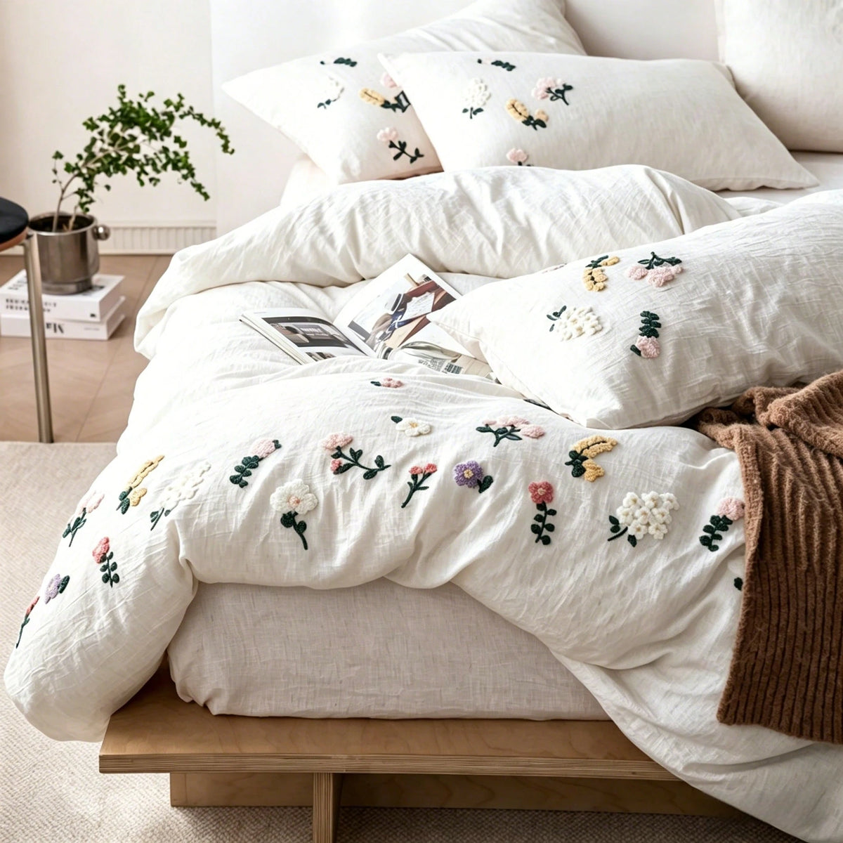 3pcs Soft & Comfortable Natural Washed Crinkle Texture Bedding Set (1*Duvet Cover + 2*Pillowcases, Excluding Filler), Floral Botanical Countryside Style, Suitable For Bedroom, Guest Room, Boys & Girls