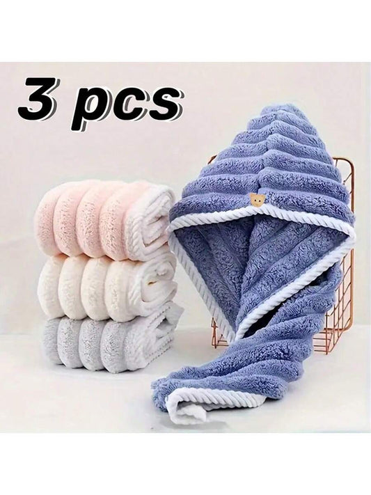 3pcs Striped Quick-Dry Hair Towels, Soft Headband For Women, Suitable For Long & Short Hair, Super Absorbent, Soft & Comfortable, Effectively Smoothens Frizzy Hair, Daily Essential Towel Gift, Bathroo