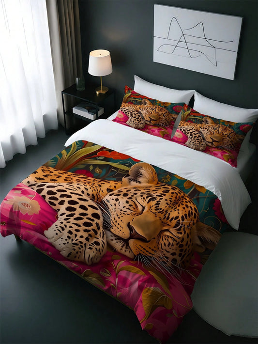 3pcs Tropical Sleeping Leopard Print Duvet Cover Set (1*Duvet Cover + 2*Pillowcase, Without Core), Guest Room And Dormitory, Vivid Hot Pink Exotic Floral & Wild Cheetah Art Print Bedding, Jungle Bohem