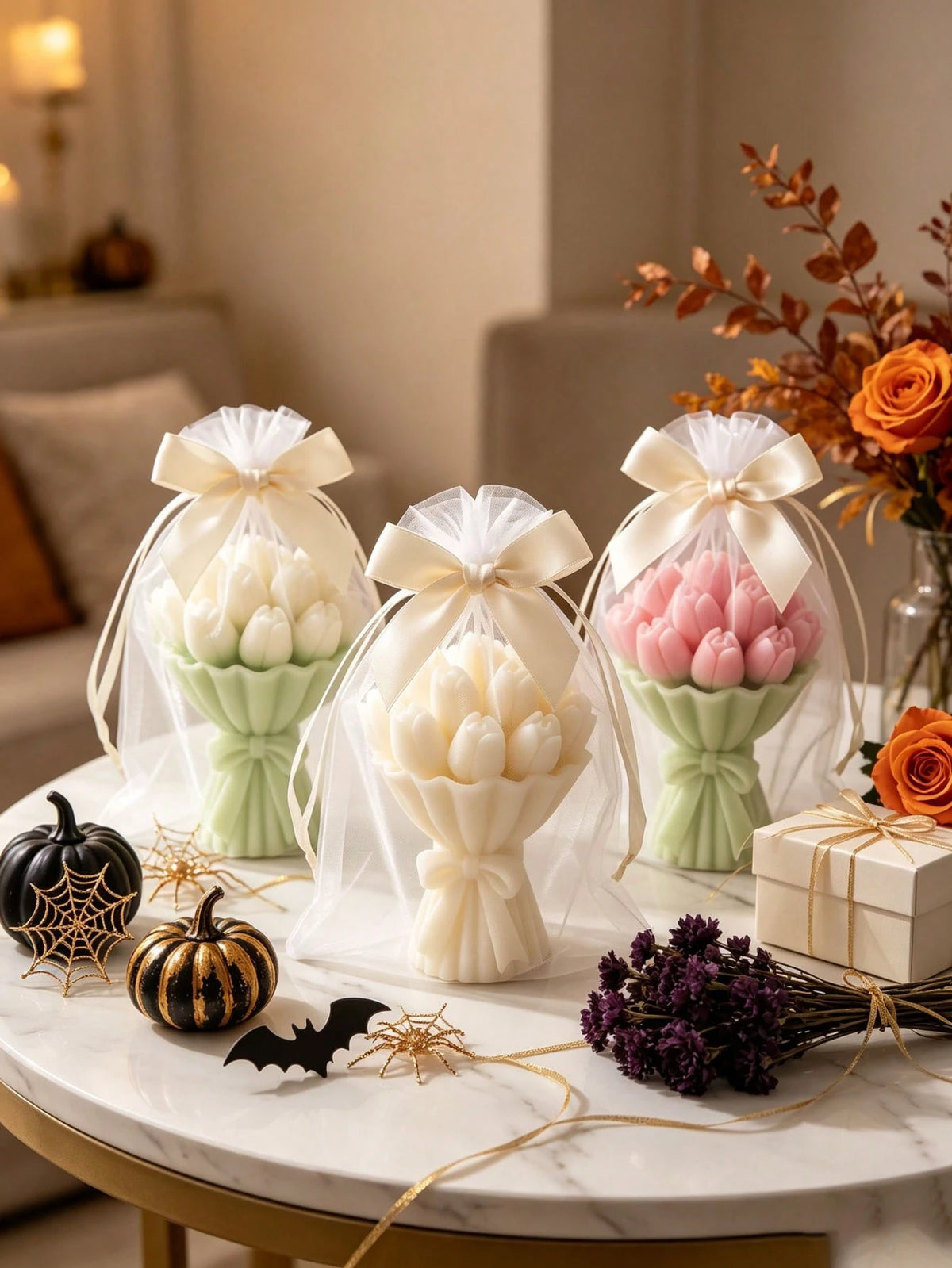 3pcs Tulip Bouquet Shaped Soy Wax Candles, Exquisite Bouquet Gift Box, Suitable For Birthday Gifts, Home Decor; Back To School, Valentine's Day, Mother's Day Gift Options, Also Applicable For Indoor D