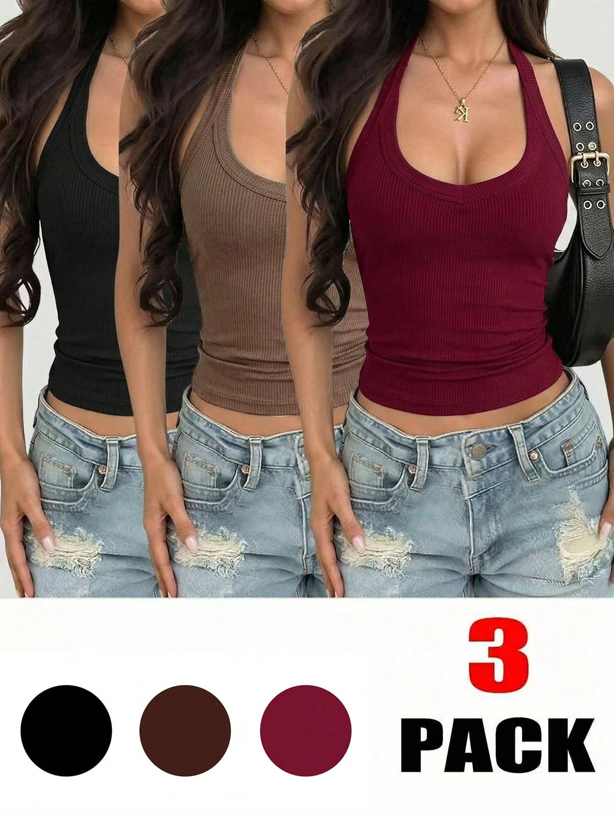 3pcs Women's Casual Sexy Versatile Ribbed Spaghetti Strap Camisole Set, Spring/Summer, Everyday Wear
