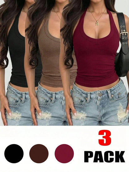 3pcs Women's Casual Sexy Versatile Ribbed Spaghetti Strap Camisole Set, Spring/Summer, Everyday Wear